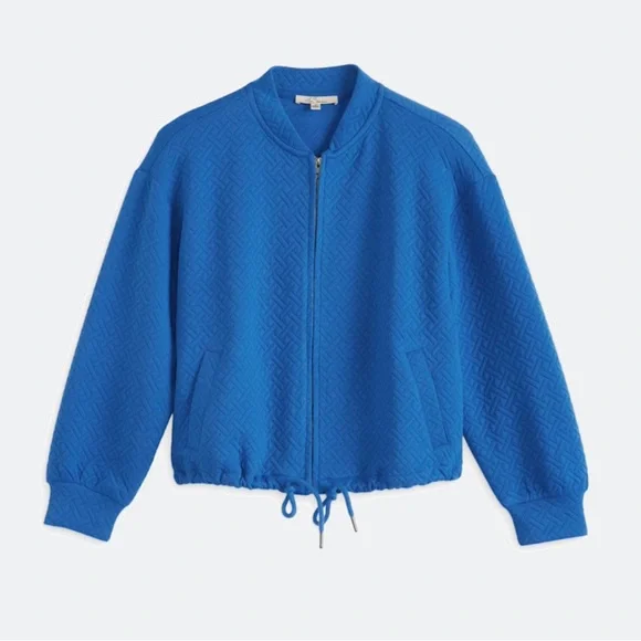 Les Serein Megan Quilted Knit Bomber Jacket Blue Textured Drawstring Size M NWT - Picture 1 of 6